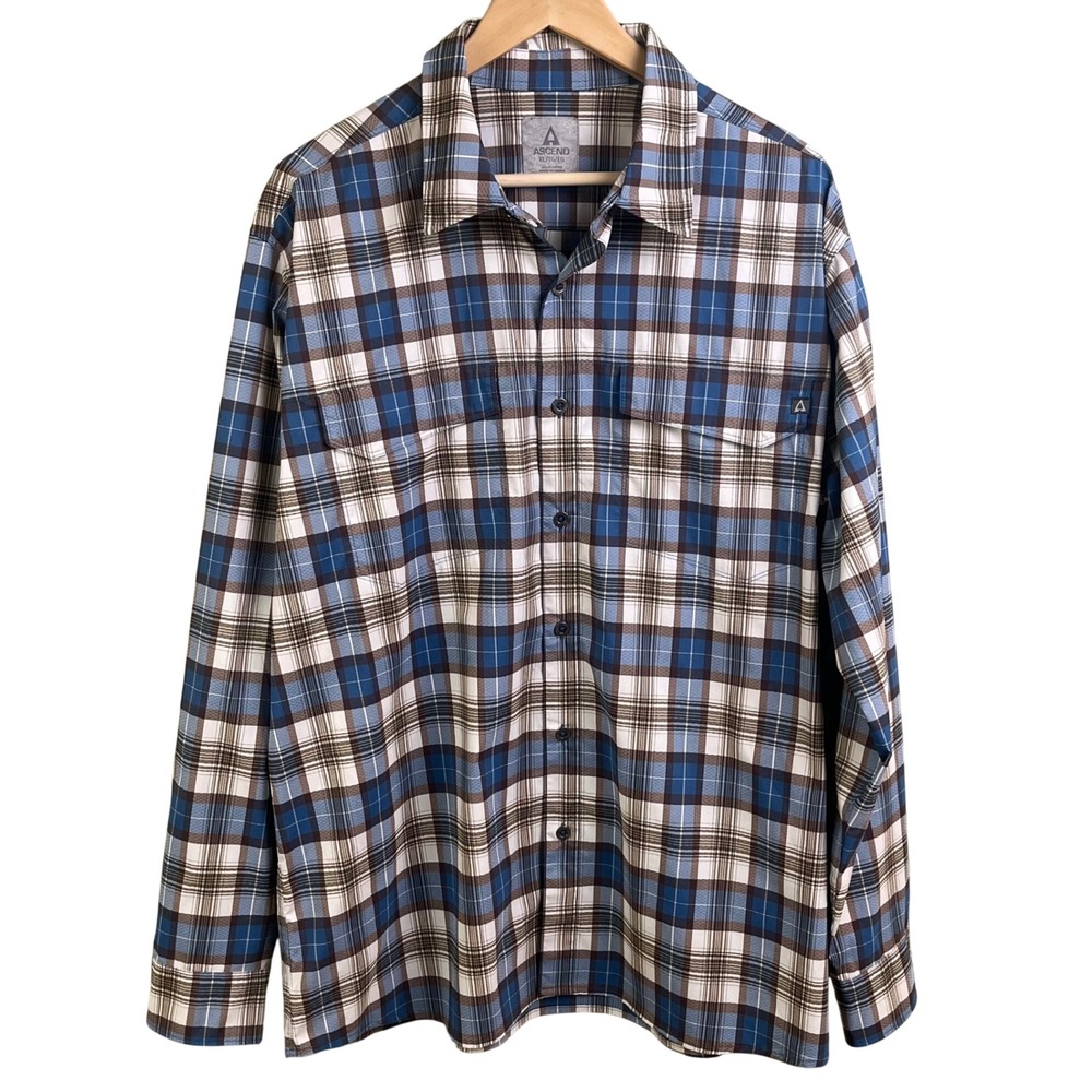 Ascend Blue Brown Plaid Long Sleeve Performance Button Performance Shirt Size XL